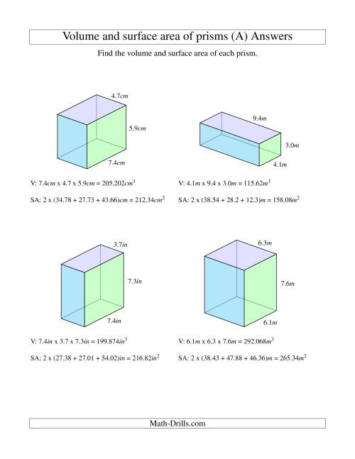 The Volume and Surface Area of Rectangular Prisms with Decimal Numbers (All) Math Worksheet Page 2
