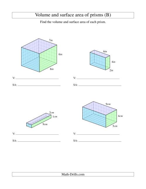The Volume and Surface Area of Rectangular Prisms with Whole Numbers (B) Math Worksheet