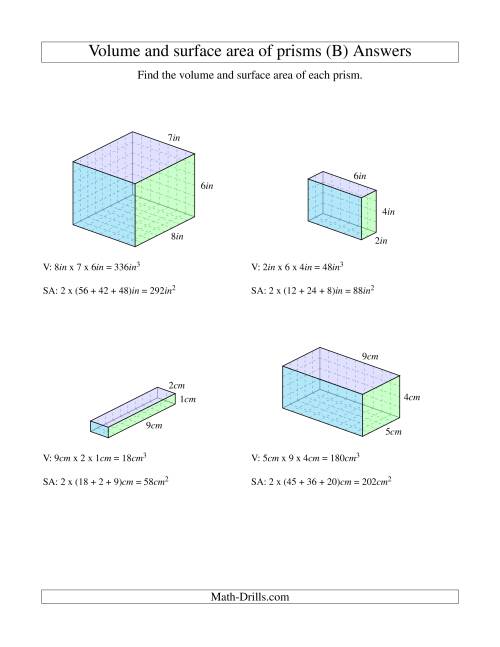The Volume and Surface Area of Rectangular Prisms with Whole Numbers (B) Math Worksheet Page 2