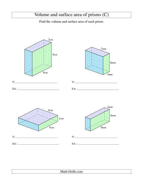 The Volume and Surface Area of Rectangular Prisms with Whole Numbers (C) Math Worksheet