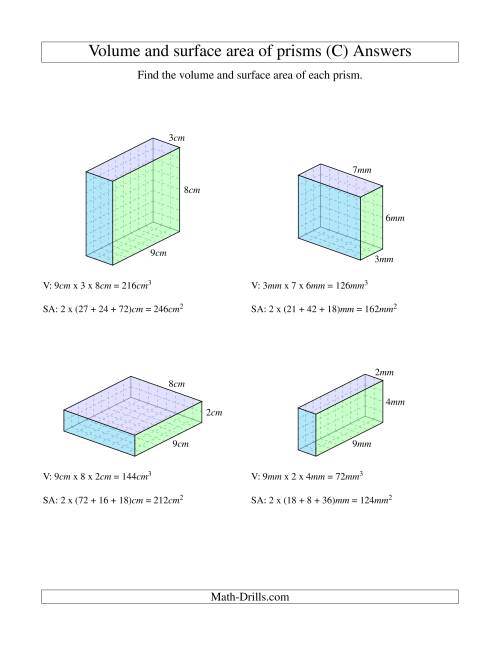 The Volume and Surface Area of Rectangular Prisms with Whole Numbers (C) Math Worksheet Page 2