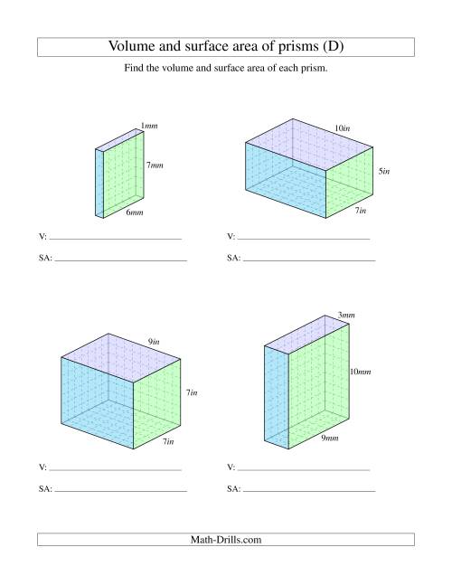 The Volume and Surface Area of Rectangular Prisms with Whole Numbers (D) Math Worksheet