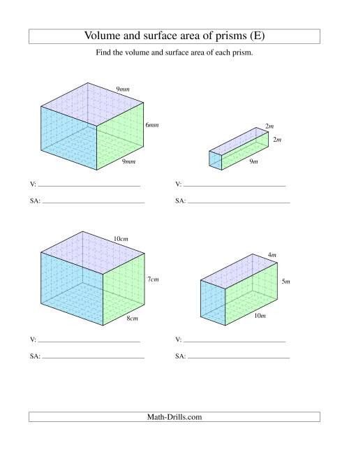 The Volume and Surface Area of Rectangular Prisms with Whole Numbers (E) Math Worksheet