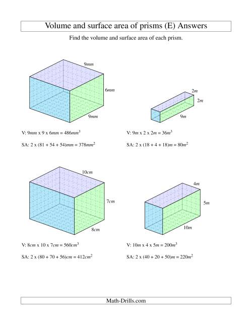 The Volume and Surface Area of Rectangular Prisms with Whole Numbers (E) Math Worksheet Page 2