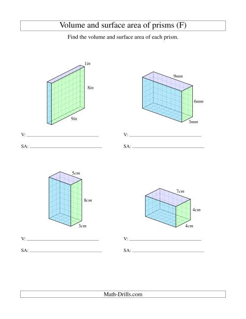 The Volume and Surface Area of Rectangular Prisms with Whole Numbers (F) Math Worksheet