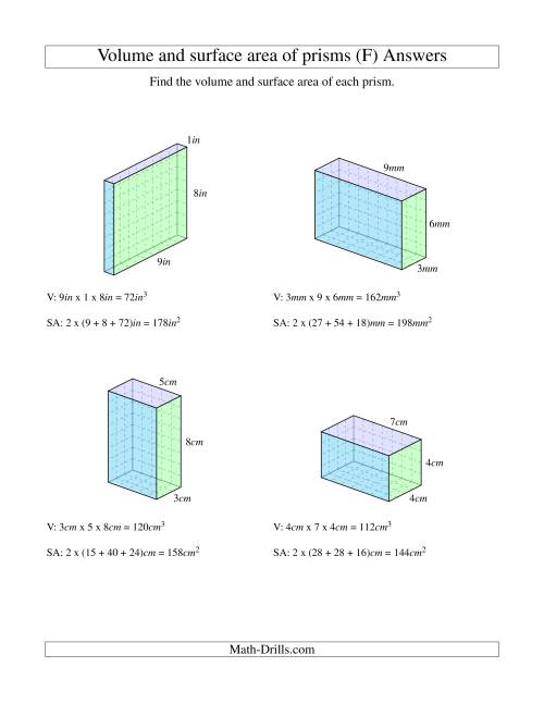 The Volume and Surface Area of Rectangular Prisms with Whole Numbers (F) Math Worksheet Page 2