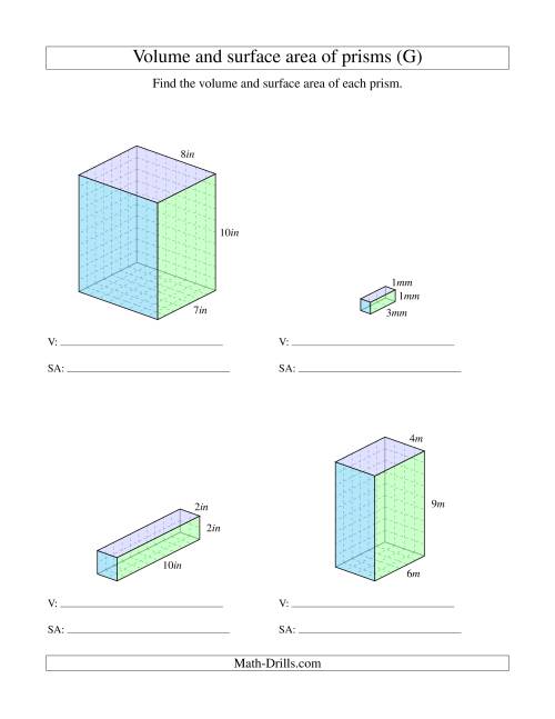 The Volume and Surface Area of Rectangular Prisms with Whole Numbers (G) Math Worksheet