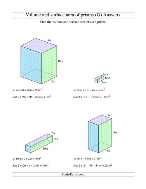 The Volume and Surface Area of Rectangular Prisms with Whole Numbers (G) Math Worksheet Page 2