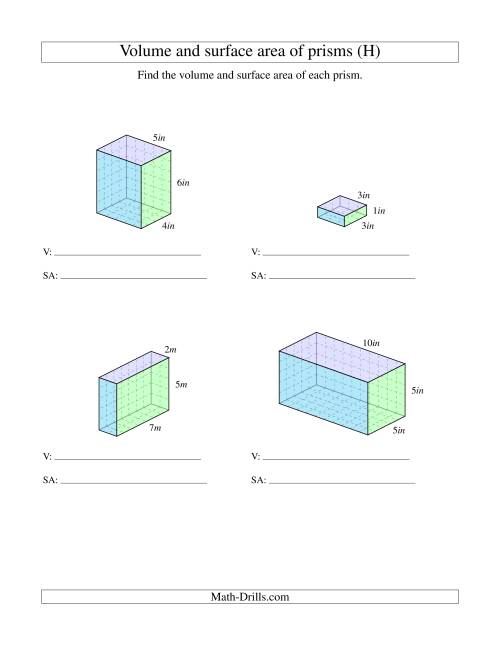 The Volume and Surface Area of Rectangular Prisms with Whole Numbers (H) Math Worksheet