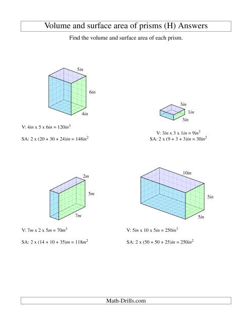 The Volume and Surface Area of Rectangular Prisms with Whole Numbers (H) Math Worksheet Page 2