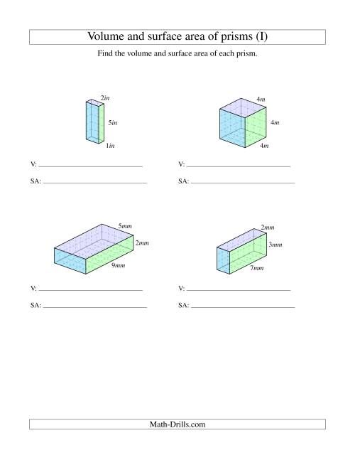 The Volume and Surface Area of Rectangular Prisms with Whole Numbers (I) Math Worksheet