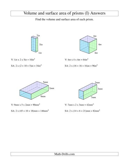 The Volume and Surface Area of Rectangular Prisms with Whole Numbers (I) Math Worksheet Page 2