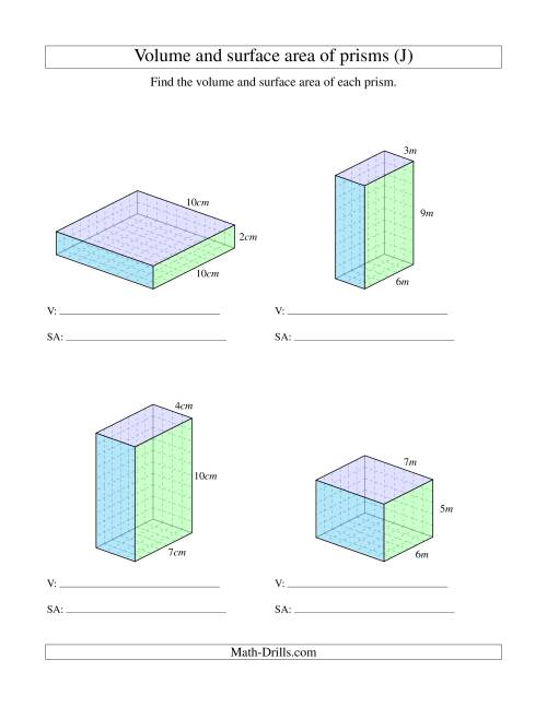 The Volume and Surface Area of Rectangular Prisms with Whole Numbers (J) Math Worksheet