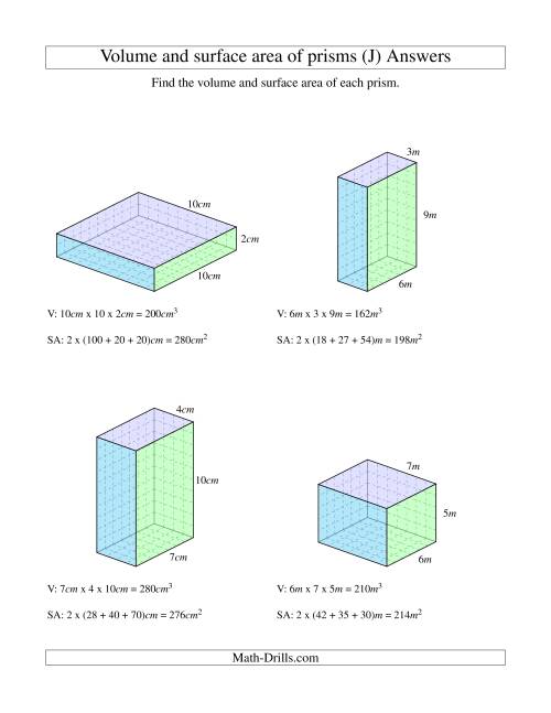 The Volume and Surface Area of Rectangular Prisms with Whole Numbers (J) Math Worksheet Page 2