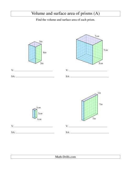 The Volume and Surface Area of Rectangular Prisms with Whole Numbers (All) Math Worksheet