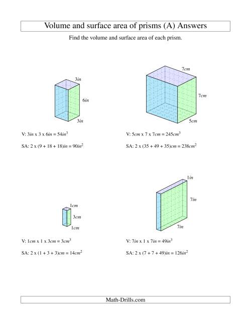 The Volume and Surface Area of Rectangular Prisms with Whole Numbers (All) Math Worksheet Page 2
