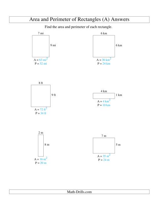 The Area and Perimeter of Rectangles (whole numbers; range 1-9) (A) Math Worksheet Page 2