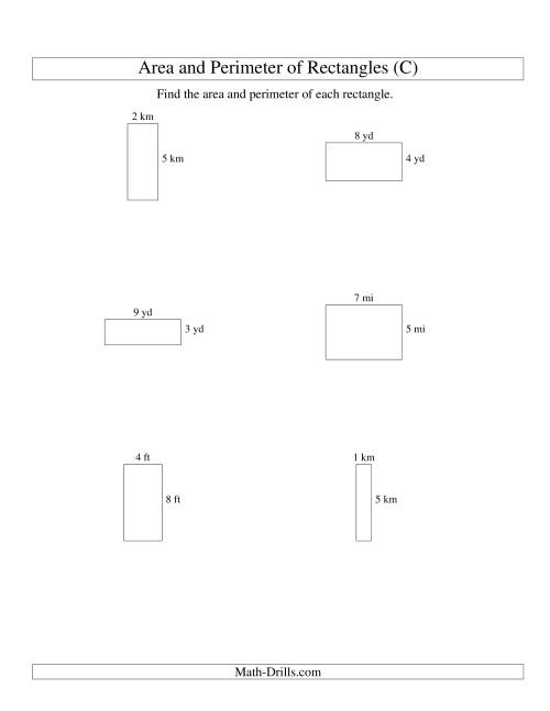 The Area and Perimeter of Rectangles (whole numbers; range 1-9) (C) Math Worksheet