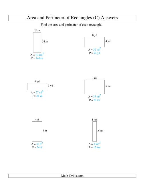 The Area and Perimeter of Rectangles (whole numbers; range 1-9) (C) Math Worksheet Page 2