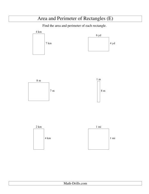 The Area and Perimeter of Rectangles (whole numbers; range 1-9) (E) Math Worksheet