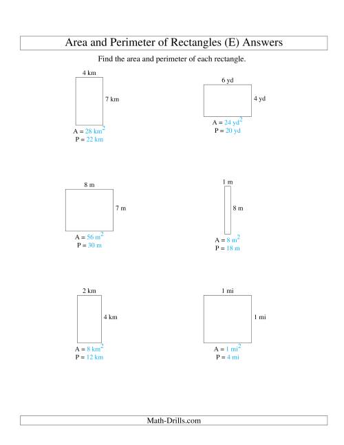 The Area and Perimeter of Rectangles (whole numbers; range 1-9) (E) Math Worksheet Page 2