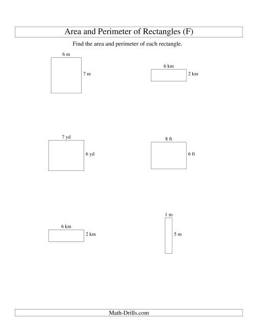 The Area and Perimeter of Rectangles (whole numbers; range 1-9) (F) Math Worksheet