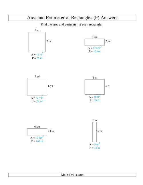 The Area and Perimeter of Rectangles (whole numbers; range 1-9) (F) Math Worksheet Page 2