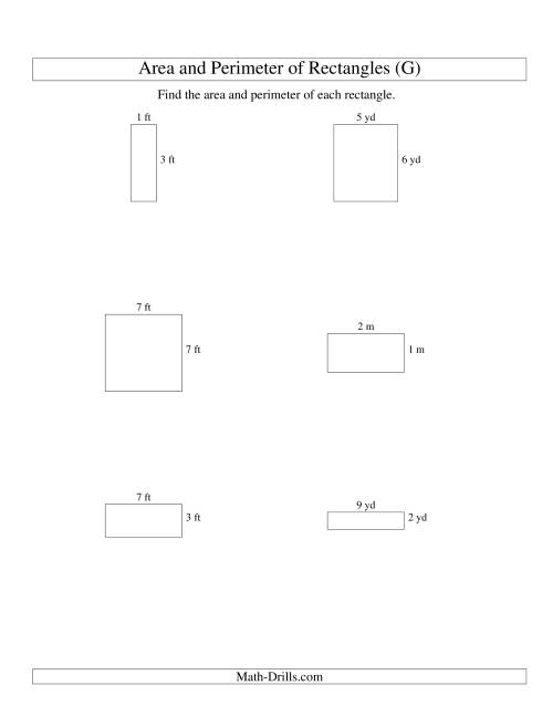 The Area and Perimeter of Rectangles (whole numbers; range 1-9) (G) Math Worksheet