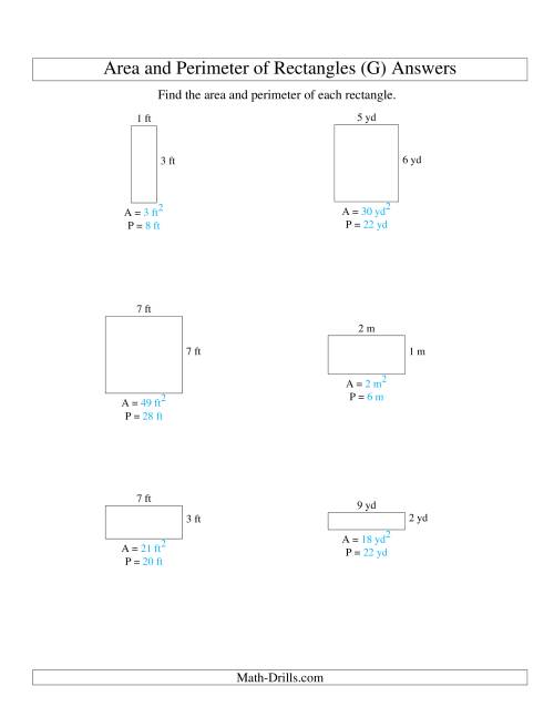 The Area and Perimeter of Rectangles (whole numbers; range 1-9) (G) Math Worksheet Page 2