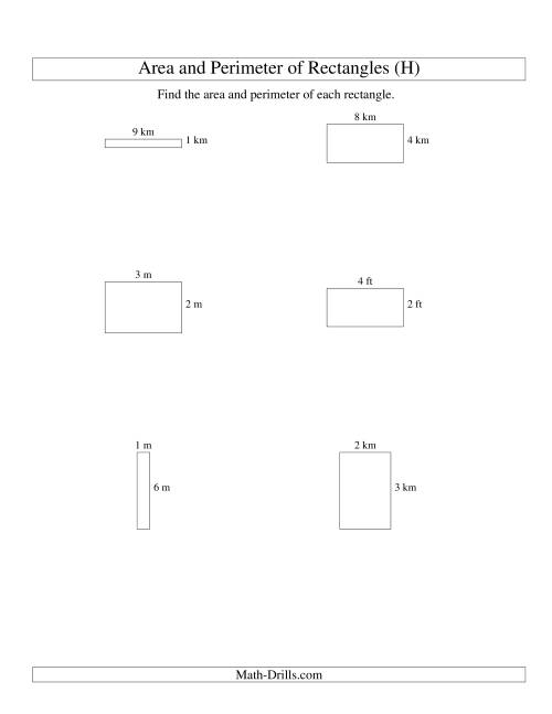 The Area and Perimeter of Rectangles (whole numbers; range 1-9) (H) Math Worksheet