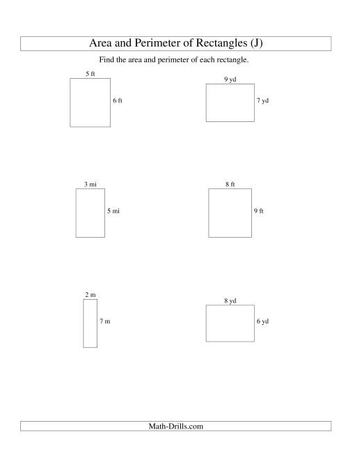 The Area and Perimeter of Rectangles (whole numbers; range 1-9) (J) Math Worksheet