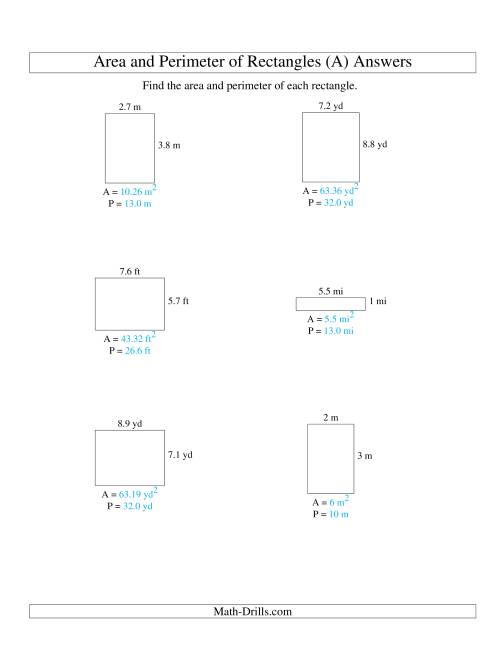 The Area and Perimeter of Rectangles (up to 1 decimal place; range 1-9) (A) Math Worksheet Page 2