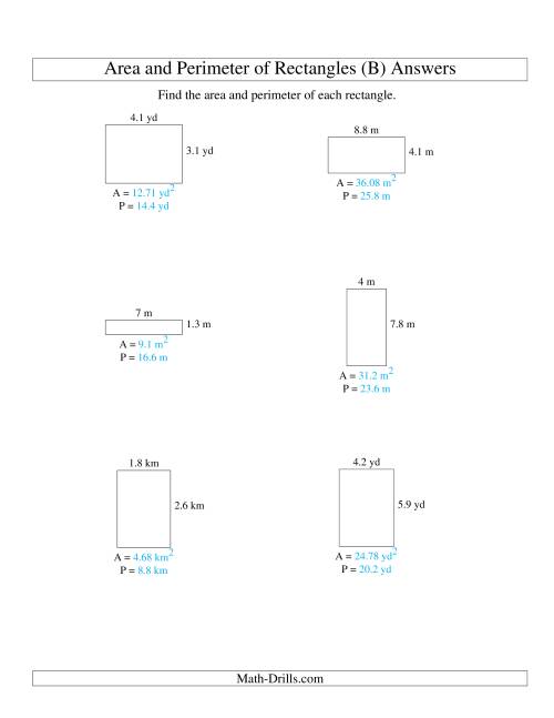 The Area and Perimeter of Rectangles (up to 1 decimal place; range 1-9) (B) Math Worksheet Page 2