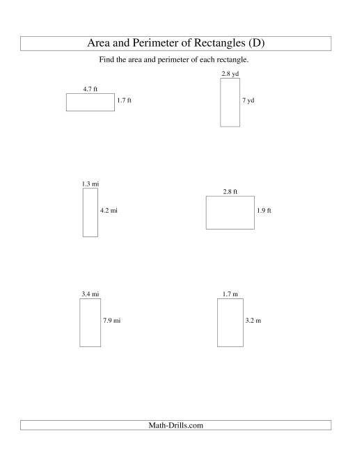 The Area and Perimeter of Rectangles (up to 1 decimal place; range 1-9) (D) Math Worksheet