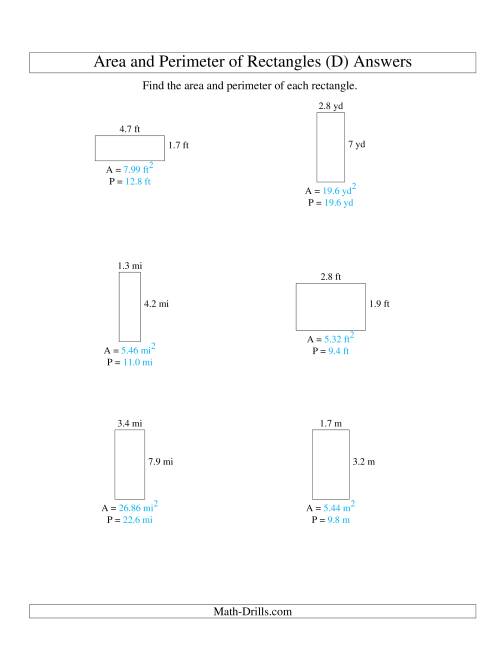 The Area and Perimeter of Rectangles (up to 1 decimal place; range 1-9) (D) Math Worksheet Page 2