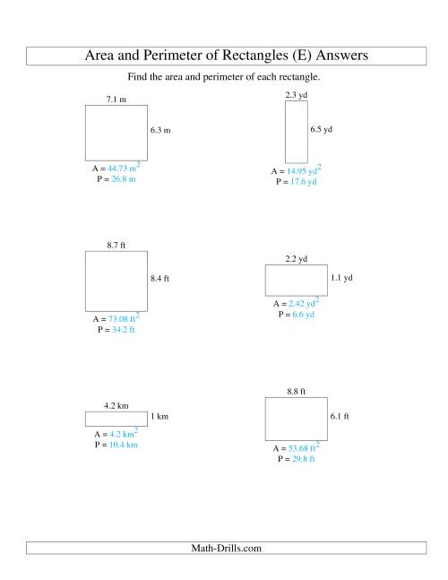 The Area and Perimeter of Rectangles (up to 1 decimal place; range 1-9) (E) Math Worksheet Page 2
