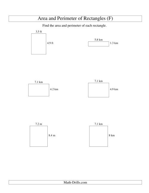The Area and Perimeter of Rectangles (up to 1 decimal place; range 1-9) (F) Math Worksheet
