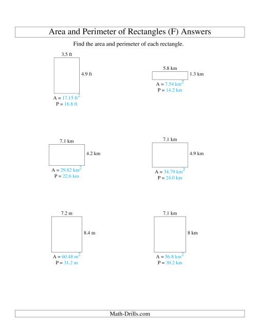 The Area and Perimeter of Rectangles (up to 1 decimal place; range 1-9) (F) Math Worksheet Page 2