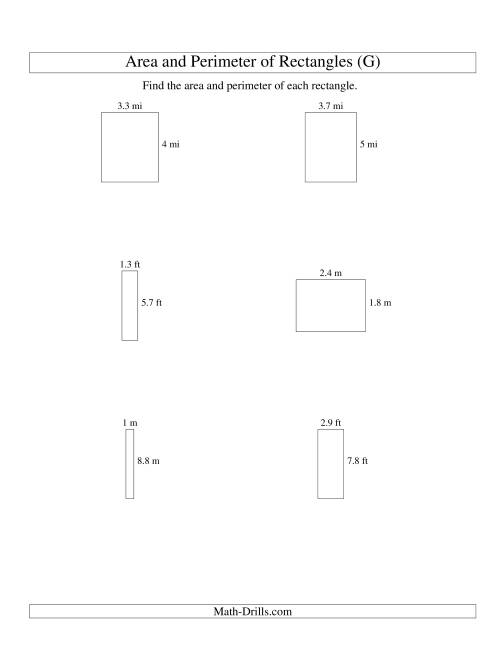 The Area and Perimeter of Rectangles (up to 1 decimal place; range 1-9) (G) Math Worksheet