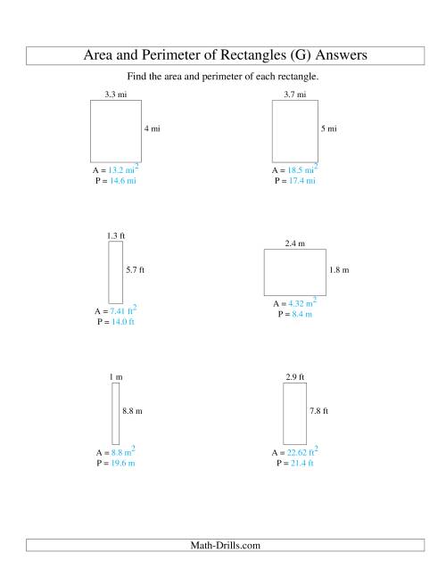 The Area and Perimeter of Rectangles (up to 1 decimal place; range 1-9) (G) Math Worksheet Page 2