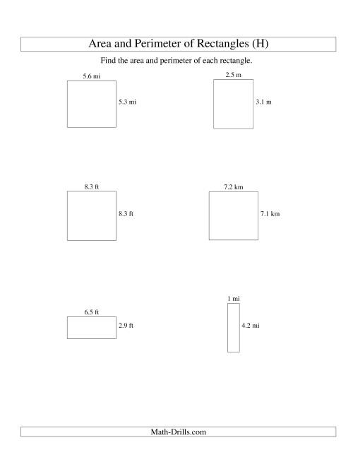 The Area and Perimeter of Rectangles (up to 1 decimal place; range 1-9) (H) Math Worksheet