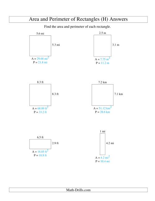The Area and Perimeter of Rectangles (up to 1 decimal place; range 1-9) (H) Math Worksheet Page 2