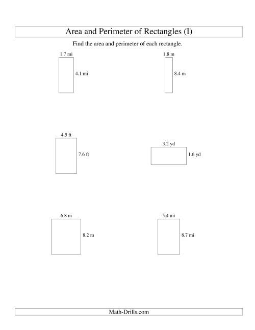 The Area and Perimeter of Rectangles (up to 1 decimal place; range 1-9) (I) Math Worksheet