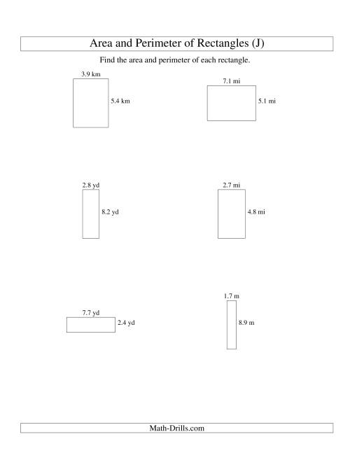 The Area and Perimeter of Rectangles (up to 1 decimal place; range 1-9) (J) Math Worksheet