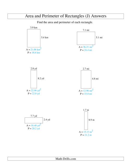 The Area and Perimeter of Rectangles (up to 1 decimal place; range 1-9) (J) Math Worksheet Page 2