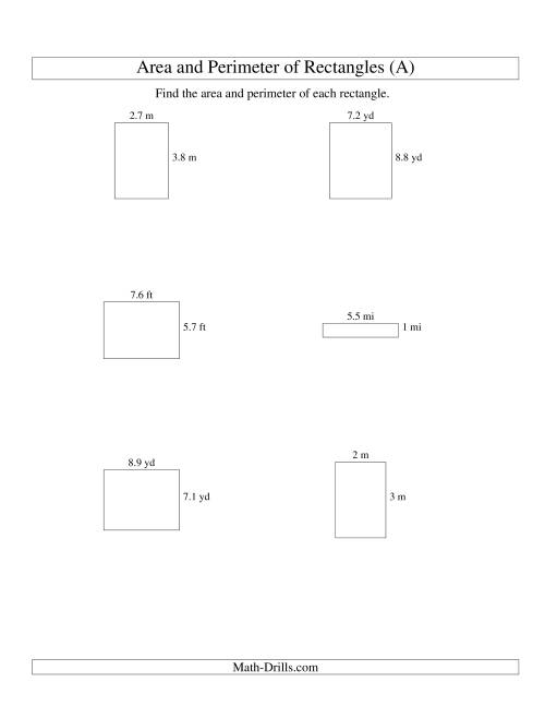 The Area and Perimeter of Rectangles (up to 1 decimal place; range 1-9) (All) Math Worksheet