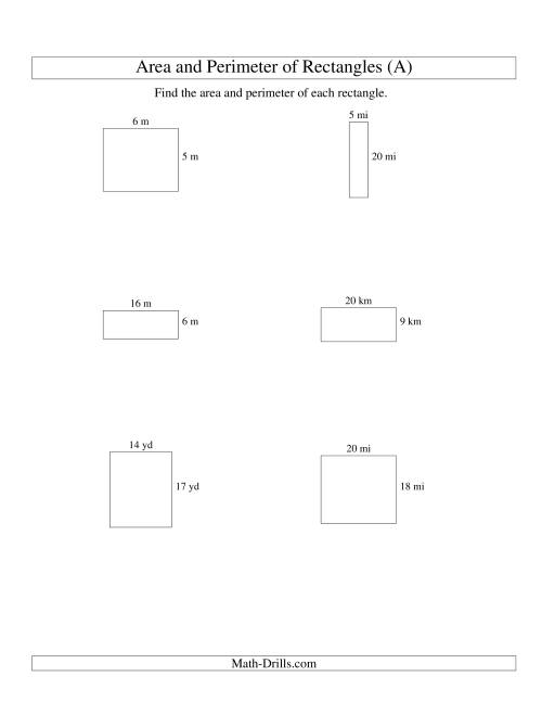 The Area and Perimeter of Rectangles (whole numbers; range 5-20) (A) Math Worksheet