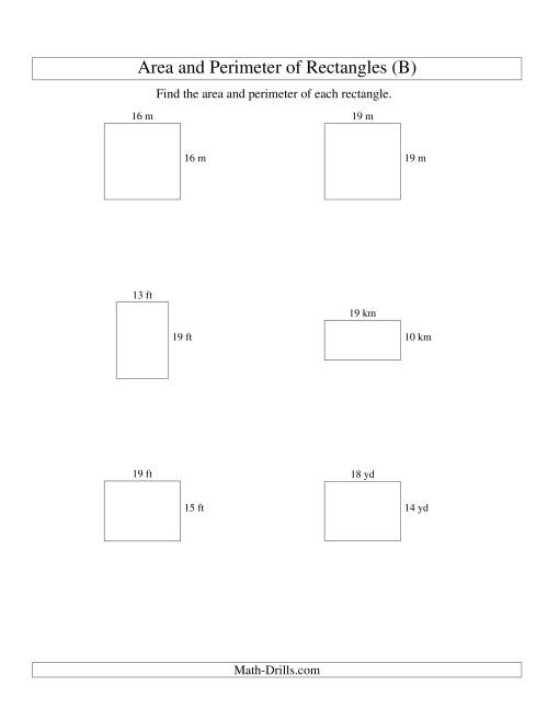 The Area and Perimeter of Rectangles (whole numbers; range 5-20) (B) Math Worksheet