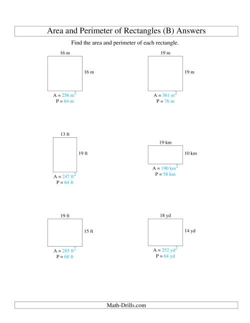 The Area and Perimeter of Rectangles (whole numbers; range 5-20) (B) Math Worksheet Page 2