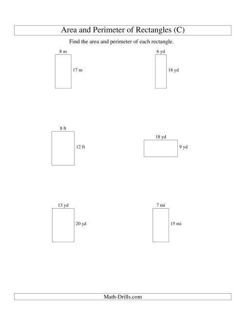 The Area and Perimeter of Rectangles (whole numbers; range 5-20) (C) Math Worksheet